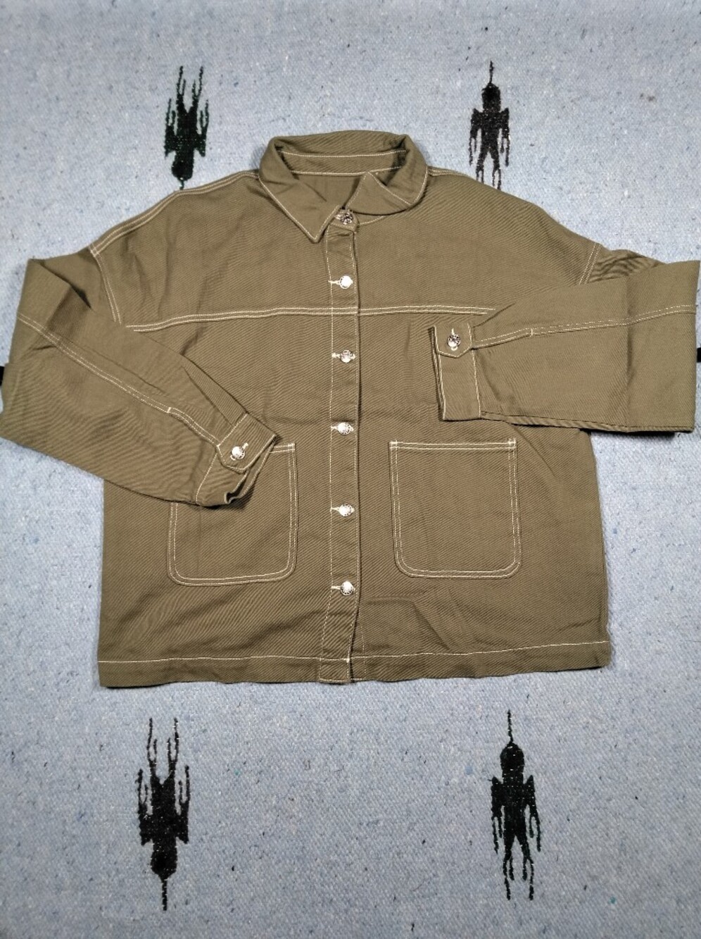 Mens XL Olive Green Military 100% Cotton Workwear Shacket Front Pockets Boxy Fit